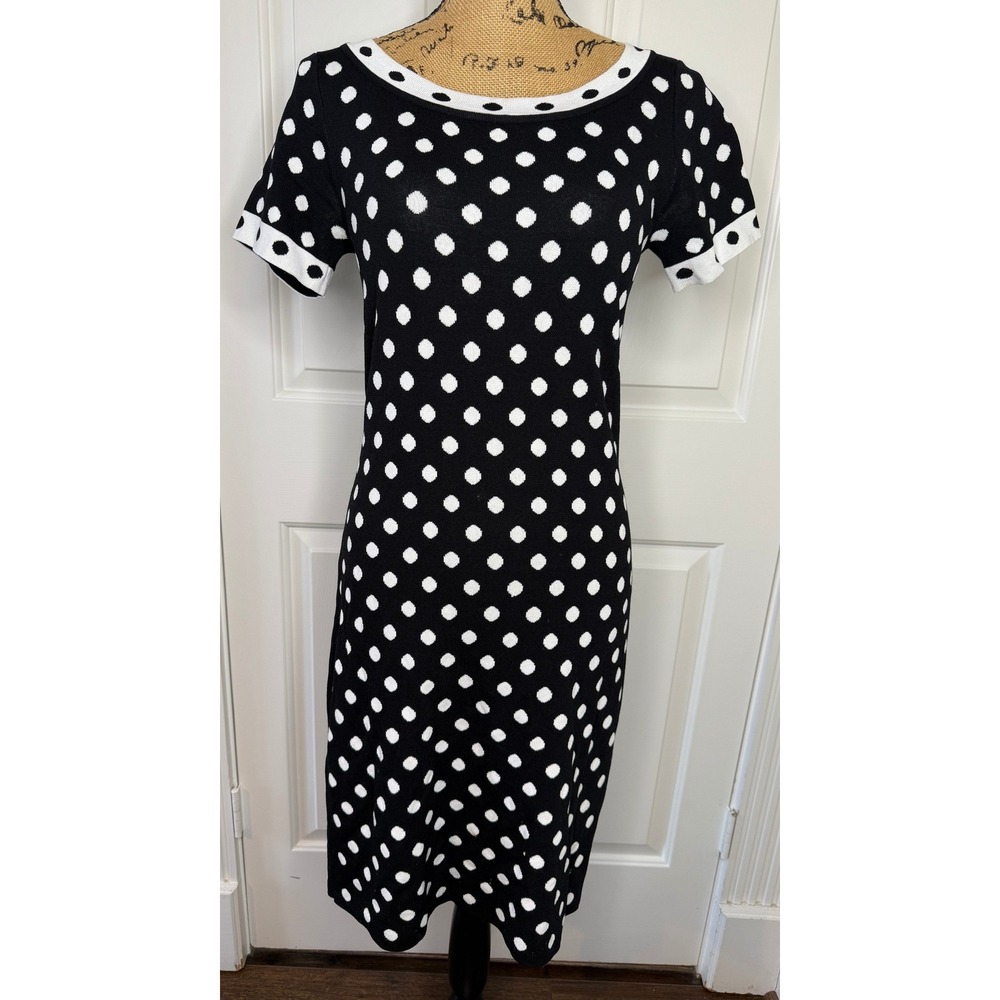 Grace Knit Dressing Polka Dot Short Sleeve Knit Dress Womens Medium‎ Black White